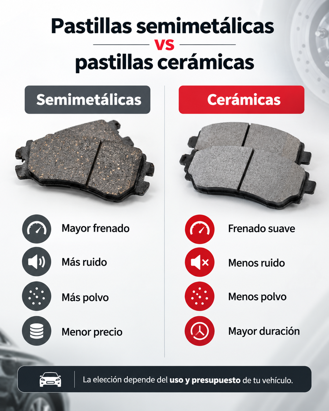Comparación de pastillas cerámicas vs semimetálicas: características, diferencias y beneficios